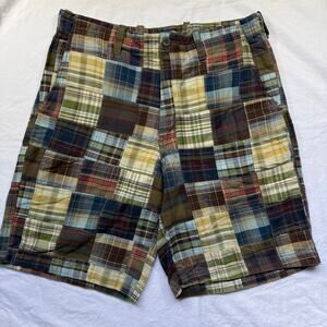 Izod Jeans Madras Patch Men Shorts Brown/Blue 100% Cotton Size 34 Preppy Coastal